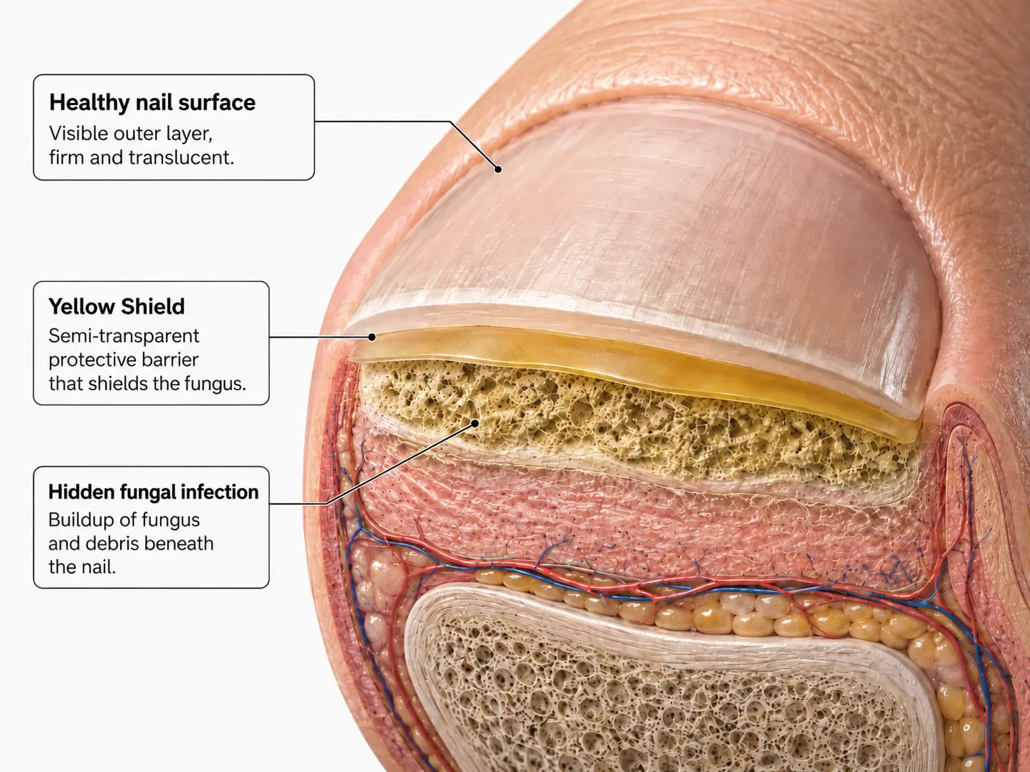 Nail anatomy diagram with labeled layers